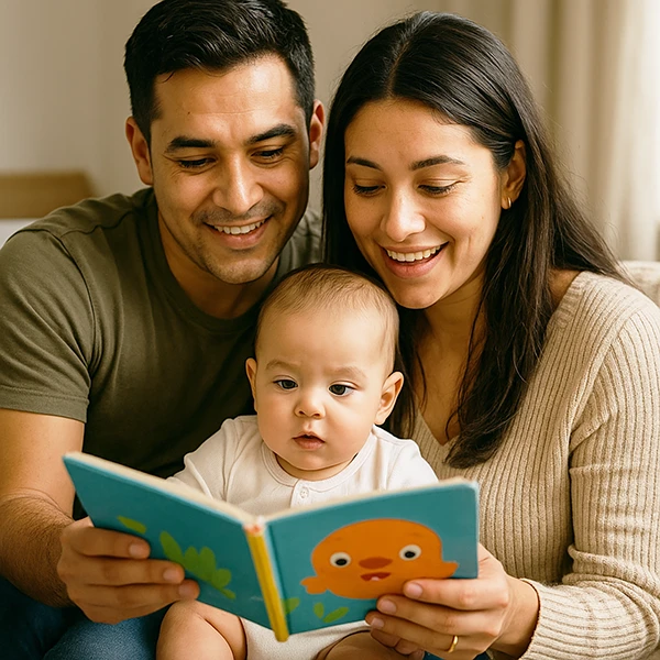 Pais lendo livro infantil para bebê – estímulo à linguagem